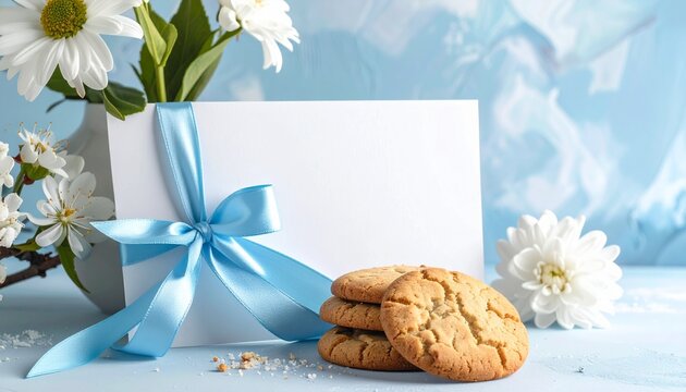 Minimal White Day Present Arrangement with Blue Ribbon Biscuits and White Floral Accent