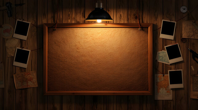 atmospheric photograph depicting a detective or investigation board layout. The central focus is a large, rectangular corkboard with a worn, textured surface, illuminated by a single overhead light, c