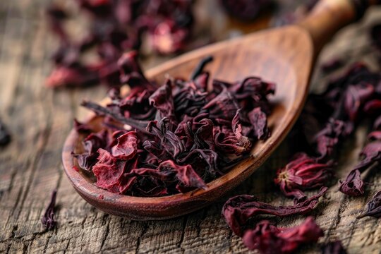 Dried hibiscus flowers or roselle, karkade in a wooden spoon on rustic table, healthy organic tea