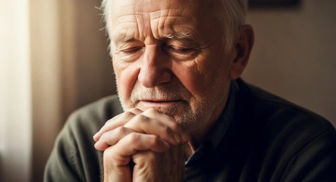 Elderly man praying with hands clasped in deep devotion. Christian believer seeking divine grace and spiritual connection. Worship and faith practice for gospel.