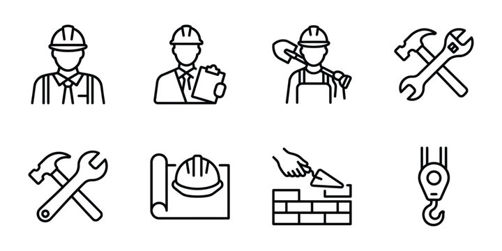 Construction industry worker and professional tool line icon set with hard hat blueprints and bricklaying symbols