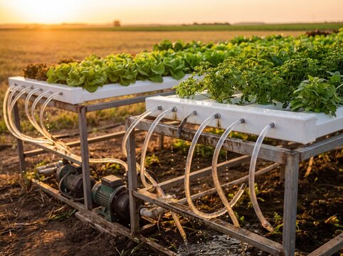 Hydroponic farming system with fresh lettuce growing in rows under the golden sun