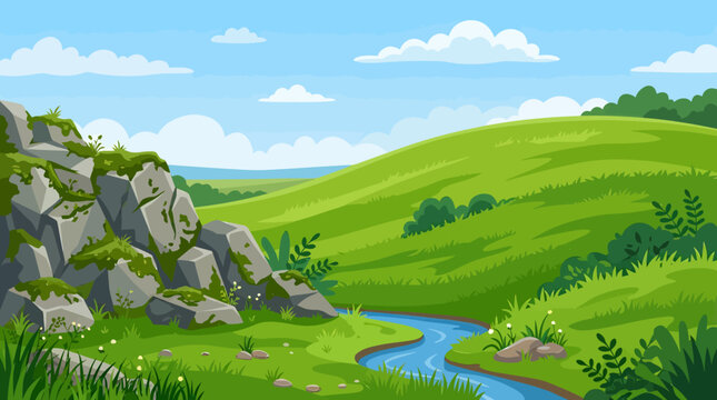 A serene landscape scene of a winding river through green hills and rocks under a blue sky.
