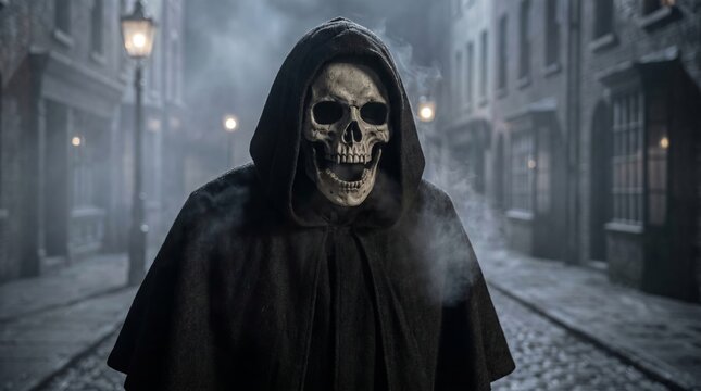 Grim reaper masked man standing in misty dark street. Spooky character in hood for Halloween horror concept. Scary phantom figure walking at night in old