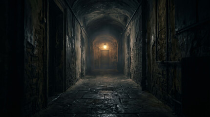 Obraz premium Dark corridor with eerie atmosphere and single glowing light at the end creating a mysterious and suspenseful scene. concept of exploration, intrigue, haunting atmosphere, horror, halloween