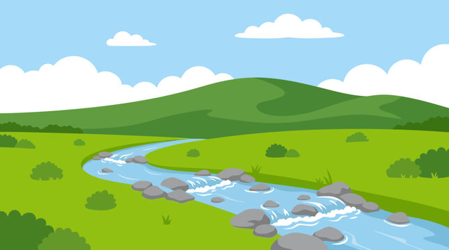 A serene landscape illustration of a river flowing through green hills with rocks under a blue sky.