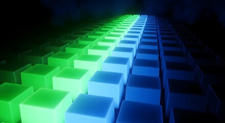 Fototapeta premium Glowing green and blue digital cubes forming a futuristic abstract path in dark space with abstract