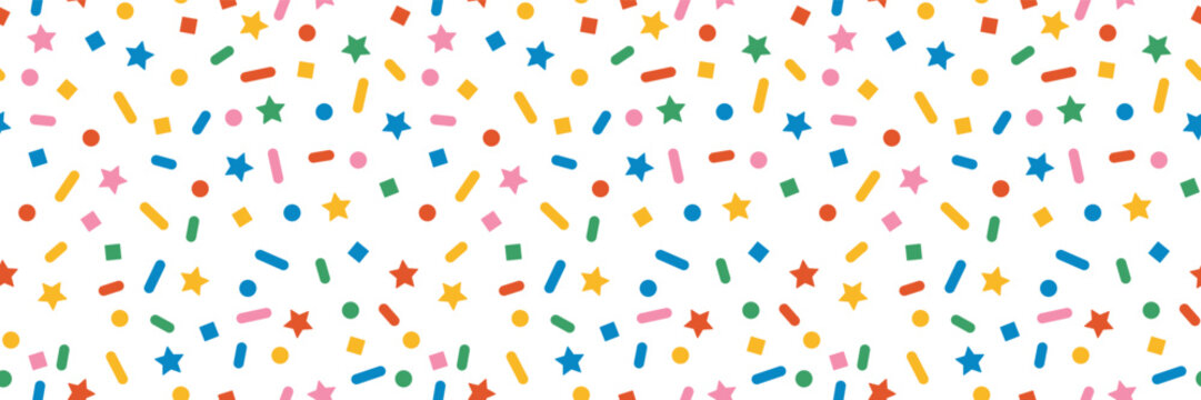 Seamless Pattern with Candy Confetti. Color Sprinkle Birthday Background. Donut Glaze Texture. Sweet Colorful Ice Cream Sprinkles. Vector Party Rainbow Confetti Illustration.