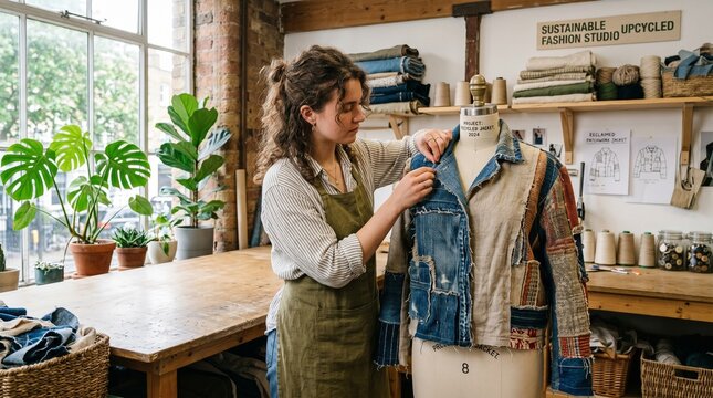 young woman designer creating clothes in bright workshop fashion concept