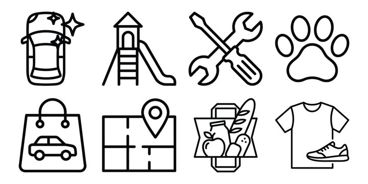 Diverse services retail lifestyle hand drawn outline vector icon set with pet store services shopping lifestyle