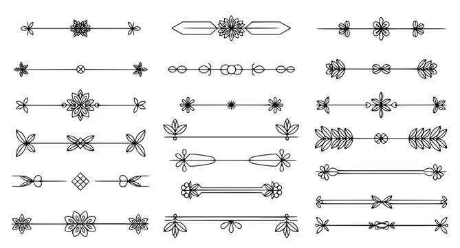 Elegant floral line art text dividers and decorative border elements collection isolated on white background for wedding invitations stationary design and professional document formatting and layout
