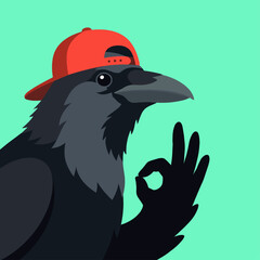 Naklejka premium Cool crow character wearing a red baseball cap and showing an okay hand gesture flat illustration