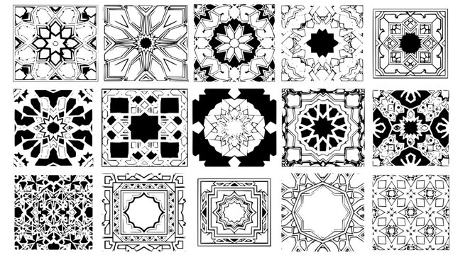 Collection of intricate geometric mandala patterns and square decorative tiles in black vector line art style isolated on transparent background for textile design and architectural ornament concepts