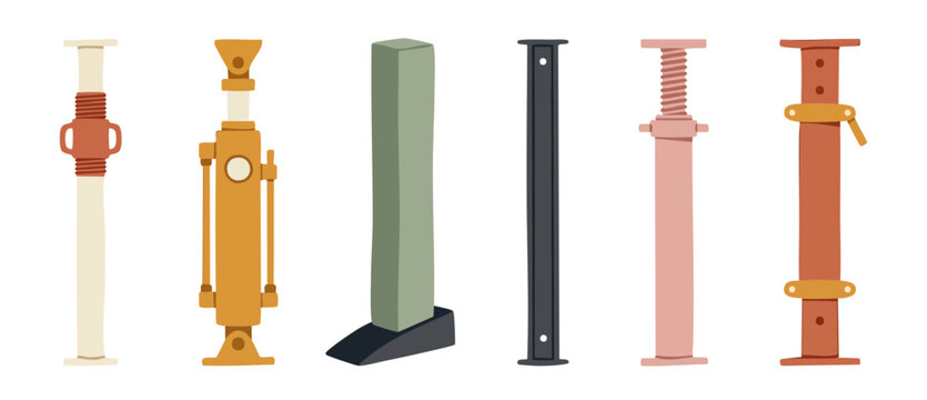 Construction shoring props set, heavy duty metal support columns for building sites, adjustable scaffold pillars and industrial steel jacks, flat vector illustration collection on white background iso