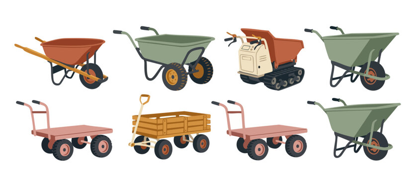 Wheelbarrow and Garden Cart Set for Construction and Landscaping, Hand Truck and Tracked Dumper Collection, Vector Illustration of Industrial Transport Equipment for Gardening and Farm Maintenance Tas