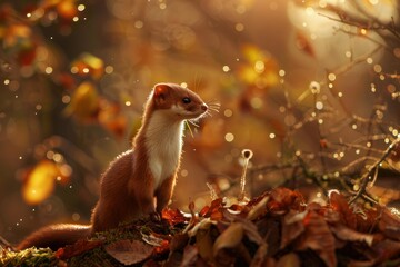 Obraz premium Least weasel standing on autumn leaves and looking away in golden light at sunset