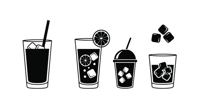 Black and white icons of cold drinks with ice and straws in glasses and cup Keywords: drinks, cold, ice, cubes, glasses, cup, straw, beverage