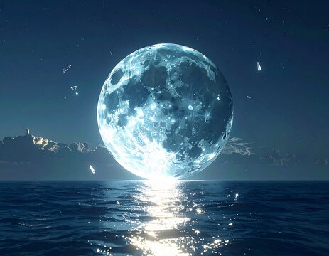 Moonlight illuminates the dark ocean waves with a vibrant blue glow while celestial fragments drift through the night sky above the horizon line.