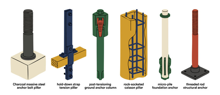 Structural Anchor Systems and Foundation Pillars for Construction Engineering, displaying various steel fastening hardware, post-tensioning elements, rock-socketed caissons, and micro-pile soil reinfo