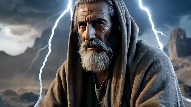 Senior bearded prophet in ragged robes holding a wooden staff on a rocky mountain with lightning striking for divine power and ancient wisdom concept with epic dramatic lighting