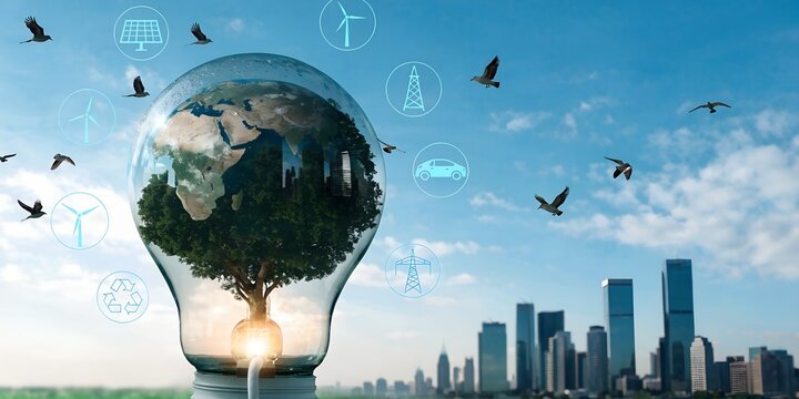 Glowing Light Bulb With Green Tree and Planet Earth Inside by Circular Renewable Energy Icons on Blue Sky Background With City Skyline Representing Sustainable Development and Ecology Conce