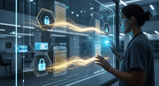 Female Healthcare Professional Interacting with Advanced Digital Interface for HIPAA Compliance Secure Patient Data Management and Medical Privacy