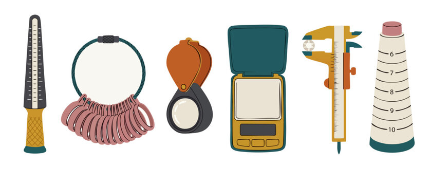 Jewelry Making Tools Set: Ring Sizers, Caliper, Loupe and Scale for Professional Goldsmithing and Gemstone Measurement, Flat Vector Illustration of Goldsmith Equipment for Crafts and Workshop Design
