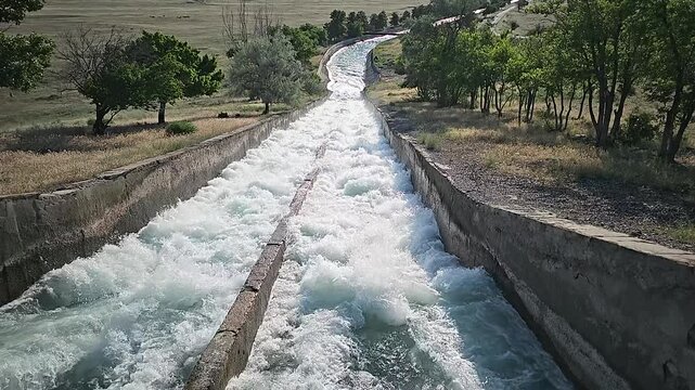 high angle view of clean white water flowing rapidly through a long concrete irrigation channel surrounded by green trees and dry fields