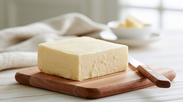 Butter block and knife rest on a bright table, seen up close.