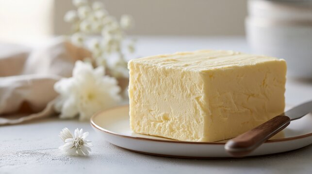 Butter block and knife rest on a bright table, seen up close.