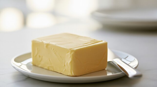 Butter block and knife rest on a bright table, seen up close.