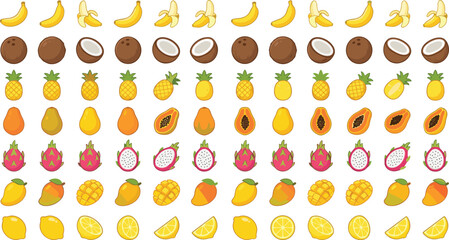 Large collection of tropical fruit icons showing bananas coconuts pineapples mangoes and dragonfruit © MdTofazzal