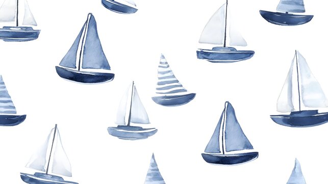 Watercolor navy sailboat pattern featuring simple yachts and a little sailor theme. Hand-painted nautical illustration on a clean white background, perfect for nursery decor and textiles.
