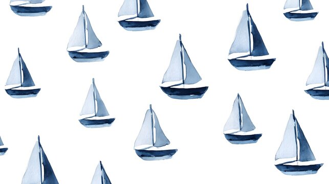 Watercolor navy sailboat pattern featuring simple yachts and a little sailor theme. Hand-painted nautical illustration on a clean white background, perfect for nursery decor and textiles.