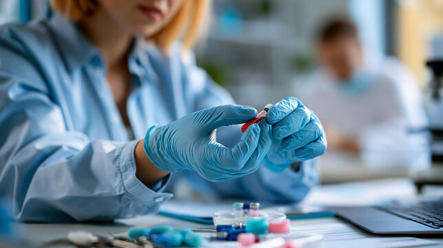 Macro close-up of softly defocused gloved nurse hands gently taking a bright blood sample for a health test in a softly defocused clinic, blood sampling, faceless macro, soft