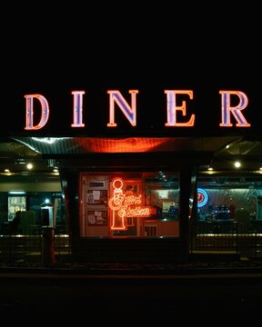 Vintage diner at night in Whately, Massachusetts