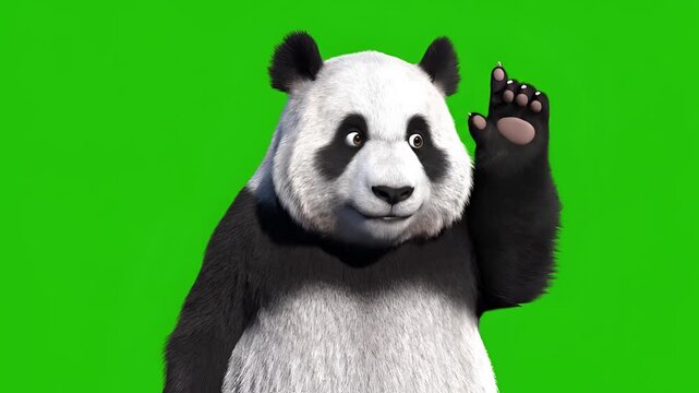 Animated Panda Character Gesturing and Waving on Green Screen Background.