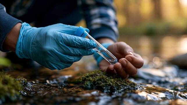 Macro close-up of softly defocused gloved hands gently squatting near a bright softly defocused river taking soft water samples in a test tube, water quality, faceless macro, soft