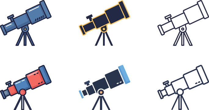 Telescopes on tripods in collection.Space Observation Concept.Telescope Collection with Tripod Stands in Minimal Style.