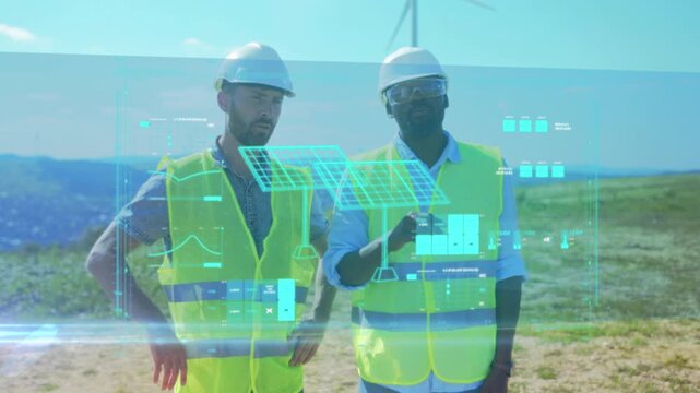 Engineers examine holographic overlays for planning, Technical team assesses digital maps and safety measures together