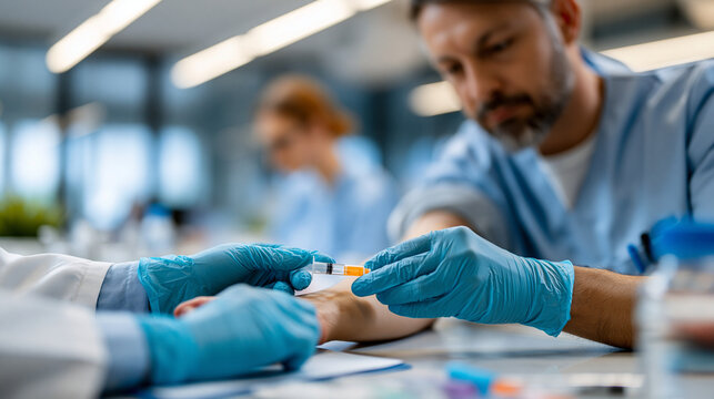 Macro close-up of softly defocused gloved nurse hands gently taking a bright blood sample from a soft patient arm in a softly defocused modern laboratory, laboratory testing,