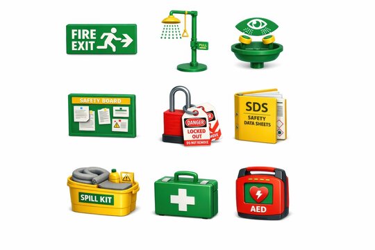 Different safety signs and equipment are organized in a workspace for use in emergency situations and to enforce safety measures.