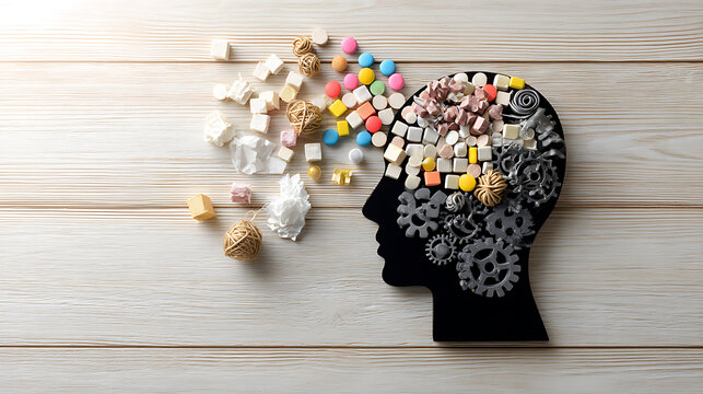 Creative mental health concept with abstract mind, cognitive fragments, and emotional elements, symbolizing psychology, neurodiversity, stress, healing, and mental balance