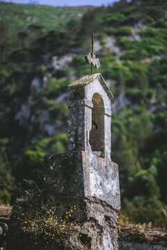 Minimal composition with a tiny old stone bell tower at frame edge, blurred green woodland beyond, and ample negative space for peaceful heritage themes
