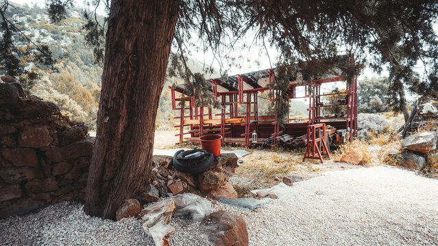 Wide-angle rustic yard with red lumber rack, tree trunk, solar roof elements, pots, and materials for a handmade contemporary rural workspace.