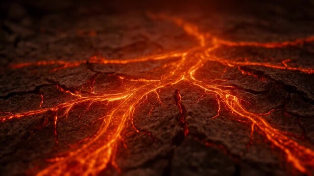 Molten lava flowing through cracks in dry parched earth, volcanic magma glowing in dark ground, intense heat and fire background