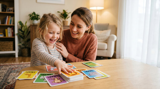 Mother and daughter playing card game at home. Smiling woman and happy kid enjoying leisure time with educational cards on table. Family bonding and development of cognitive skill.