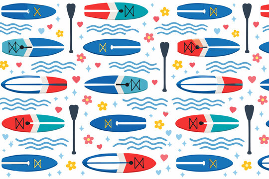 Colorful paddle boards and paddles on a white background with waves and flowers