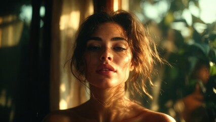 Obraz premium Young woman looking at camera near bedroom window interior