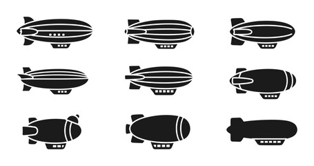 Airship Vector Icons, Vintage Blimp Graphics, Retro Zeppelin Illustrations, Transportation Symbols © Fokir